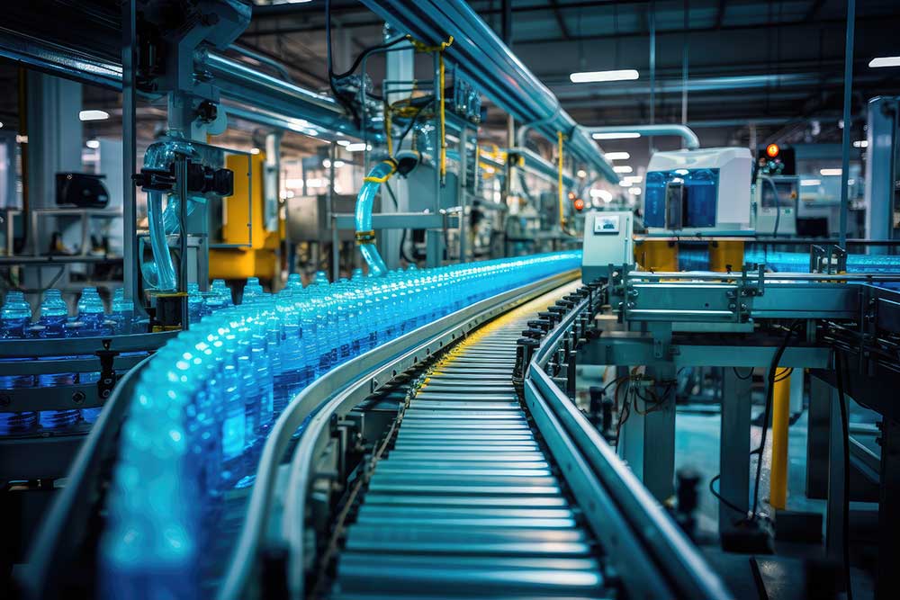 Factory Processing Bottled Water on Conveyor System with Automation