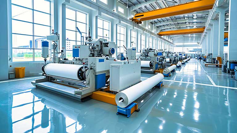 Industrial machinery producing rolls of paper in a factory